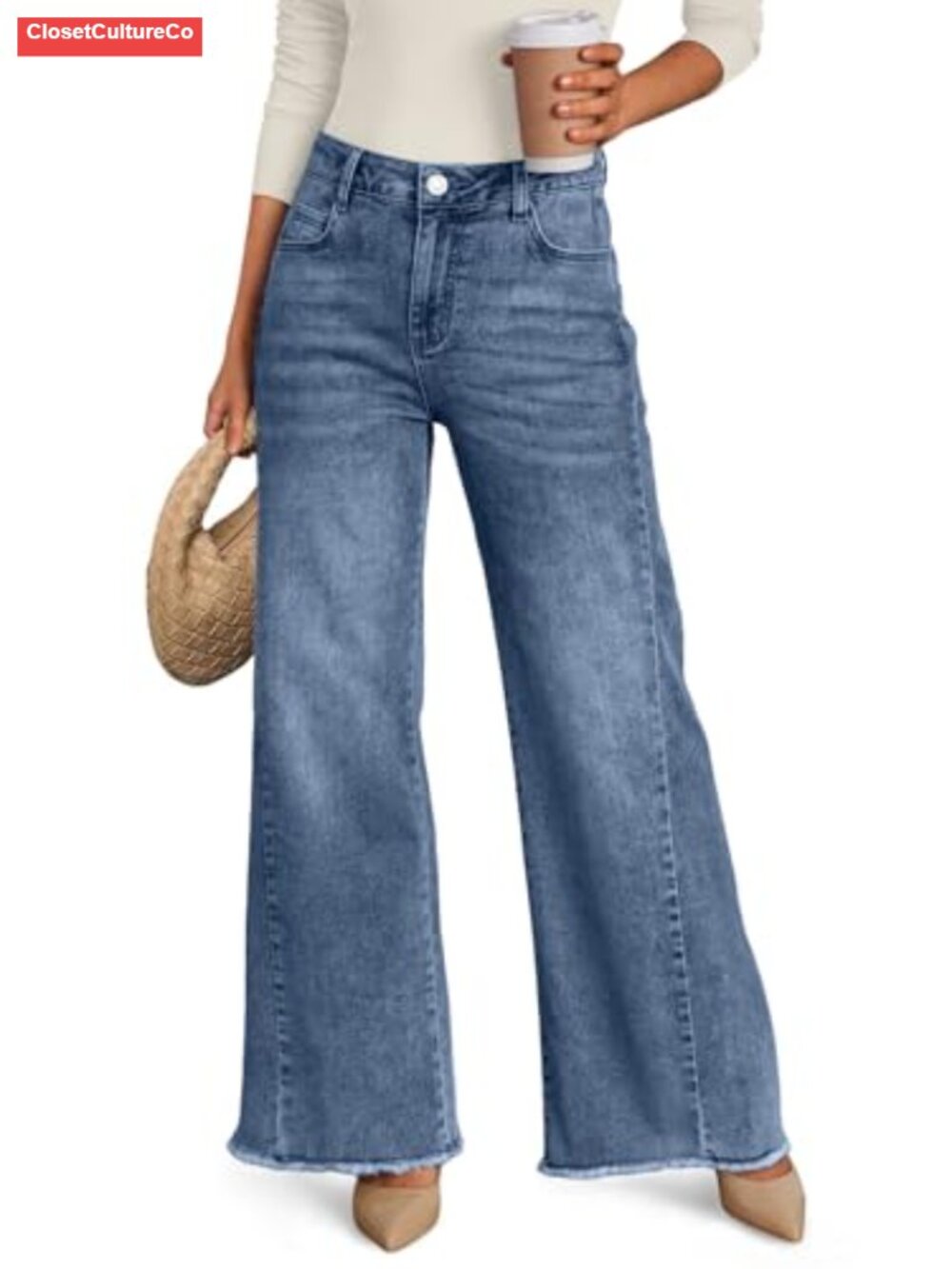 Trendy Queen Women's Wide Leg Jeans Raw Hem Loose Fit Denim Pants